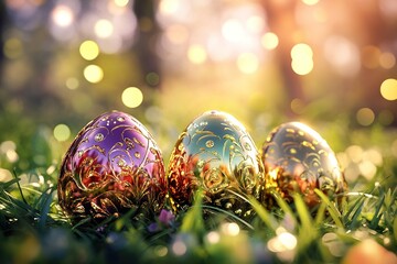 Faberge Eggs lie on young grass, ornaments, circles, stripes, spring flowers