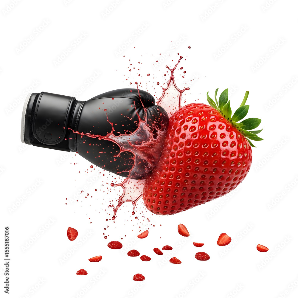 Poster dynamic composition showcasing a generic object striking a vibrant red fruit creating a juice splash