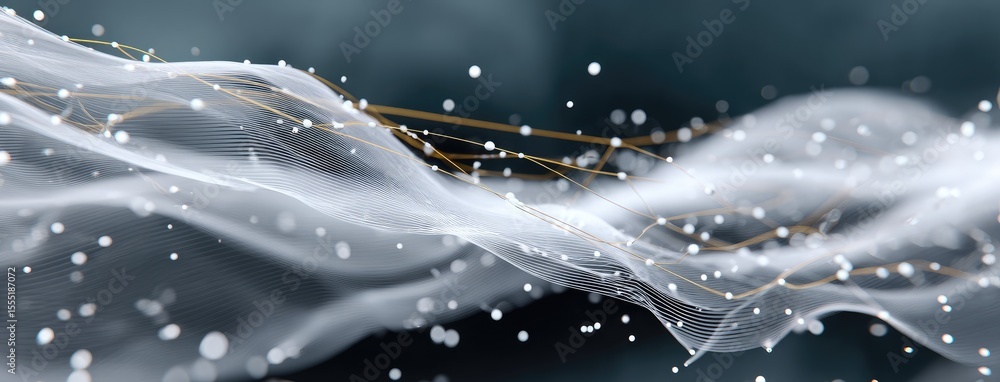 Poster abstract visual of white connected molecules and dots on a dark blue backdrop, representing a scienc