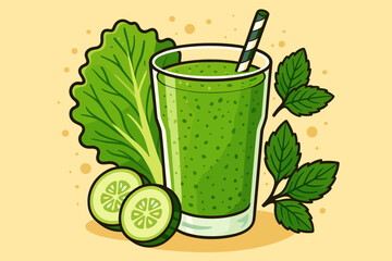 Fresh Green Detox Smoothie with Lettuce, Cucumber, Mint Leaves. Healthy Vegan Drink. Refreshing Vegetable Juice. Cartoon Vector Illustration for Clean Eating, Diet, Wellness, Nutrition Concept