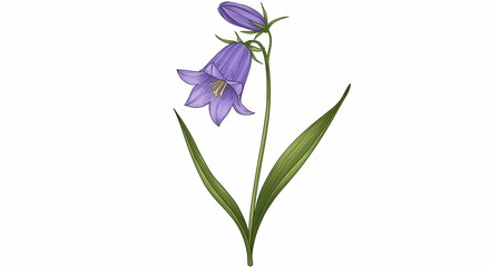 Purple Bellflower Plant with Green Leaves on White Background