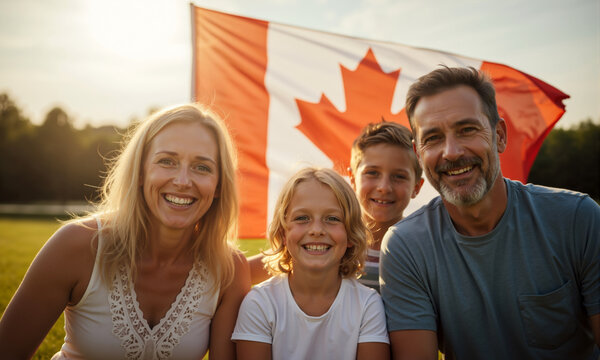 Joyful Canadian family with two children in front of flag at sunset. Parents, son, and daughter celebrating outdoors. Demographics of Canada. Canada Day celebration, 1st July - Powered by Adobe