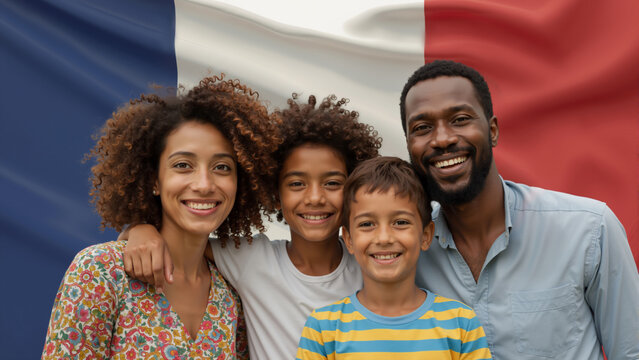 Smiling Black family with two sons in front of French flag. Parents and children celebrating Bastille Day. French demographics concept. French national holiday.