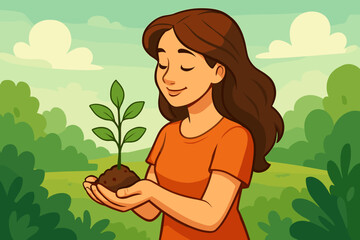Woman nurturing young sapling in hands, environmental care, sustainability, eco-friendly lifestyle, cartoon vector illustration, green nature background, growth, reforestation, earth day