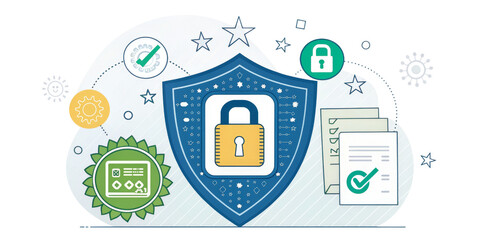 Data Security Shield Illustration Padlock, Documents, Isolated on Transparent Background, Data Protection, Cybersecurity, Privacy