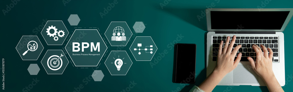 Poster business process management concept showing workflow analysis, process optimization, team collaborat