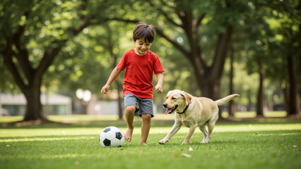 Young boy playing soccer with his yellow Labrador in a park. Child and dog having fun with a football on a sunny day.