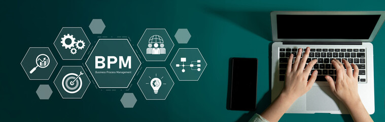 Business Process Management concept showing workflow analysis, process optimization, team...
