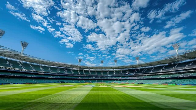 Wide angle view of a cricket stadium under a cloudy blue sky