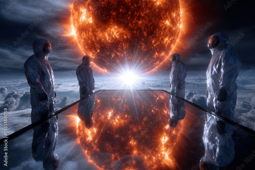 Poster astronauts observe a distant sun from a reflective surface in an extraordinary location