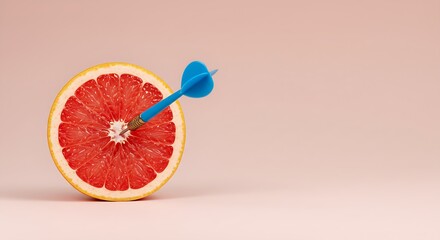 Grapefruit slice, fruit with circular target marked and blue dart on pastel pink background.minimal idea food and fruit concept.