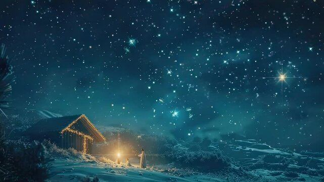 Nativity scene under starry night with illuminated stable