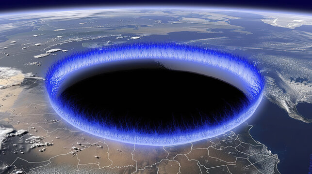Aerial view of Earth's atmosphere with glowing blue ozone layer and dark gap symbolizing depletion, environmental protection and climate change awareness concept.
 - Powered by Adobe