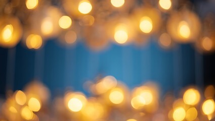 Warm bokeh lights abstract background with blurry golden orbs and blue space for text