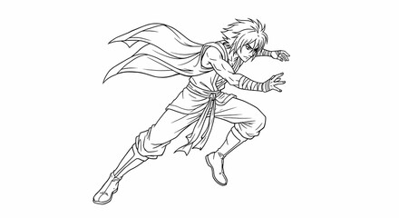 Obraz premium Dynamic Action Anime Character Running in Motion in Black and White Line Art