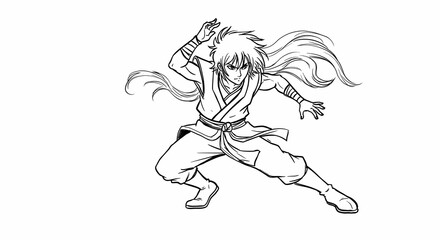 Fototapeta premium Dynamic Manga Style Warrior Character in Fighting Pose with Long Hair and Traditional Costume