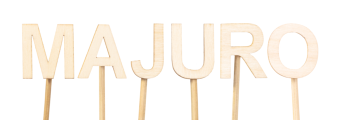 Majuro, capital of the Marshall Islands, illustrated with wooden letters held by sticks on a white background. Capital cities of the world