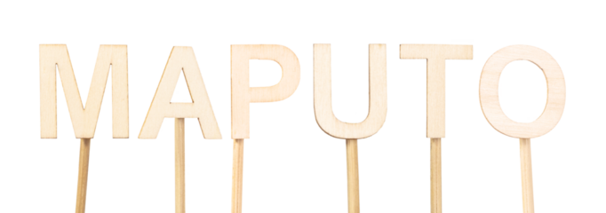 Maputo, the capital of Mozambique, written with wooden pieces in a clean visual format isolated on white background