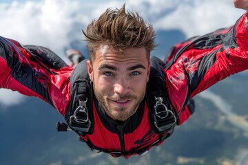 Skydiver enjoys freefall with smiling face against mountain backdrop in daytime