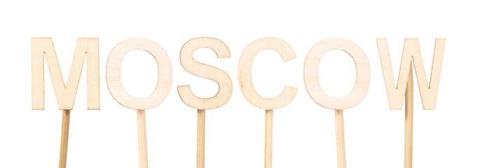 Moscow, capital of Russia, highlighted in sturdy wooden letters on white background. Slavic culture