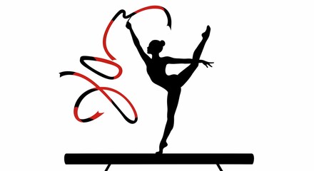 Fototapeta premium Silhouette of Female Artistic Gymnast Performing Ballet on Floor with Ribbon in Black and Red