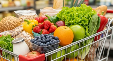 Shopping cart full of fresh produce and groceries