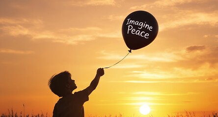 Silhouette of a child releasing a balloon with Imagine Peace written on it at sunset