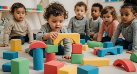 Diverse group of children playing with colorful blocks in preschool setting