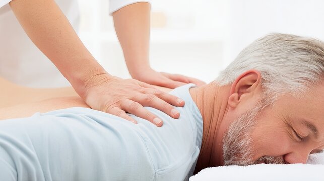 Relaxing massage therapy session with a senior Caucasian man enjoying the treatment.