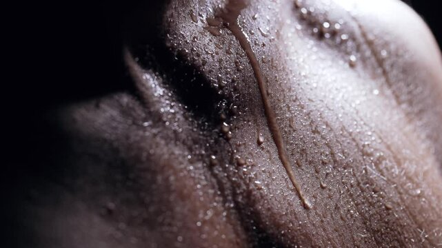 Water Droplets Trailing Down Male Torso Under Backlight
