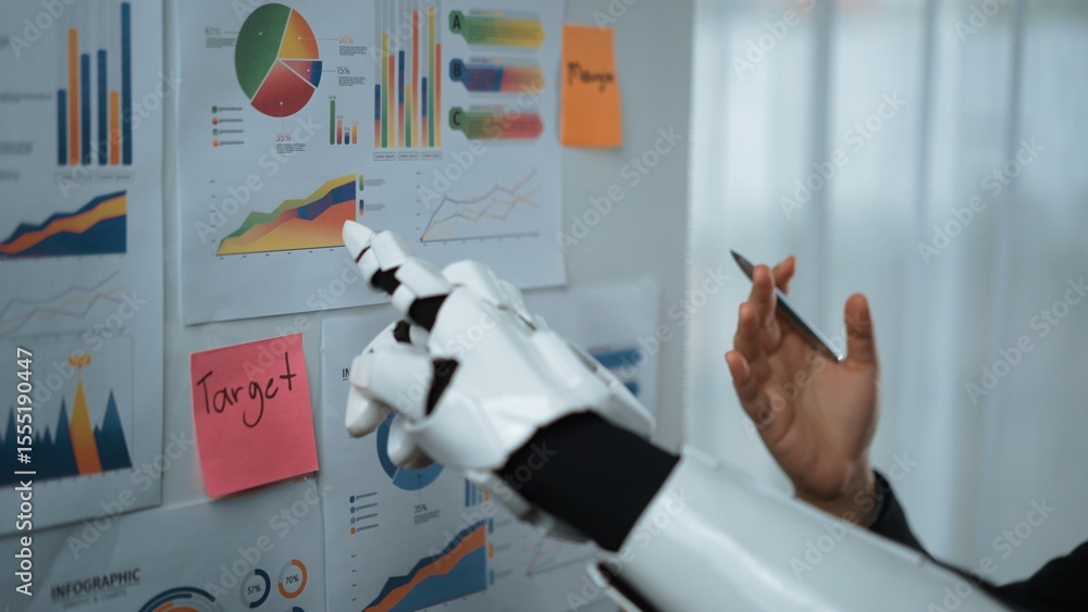 Poster a robotic hand engages with various charts on the wall, showcasing modern analytics and data insight