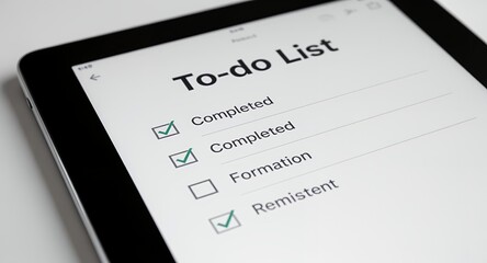 Tablet screen showing a todo list with checkboxes and completed tasks