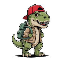 Obraz premium Cartoon illustration of a friendly dinosaur with a backpack and a baseball cap
