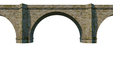 Ancient stone bridge with three arches, showcasing detailed architecture and weathered textures.