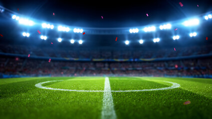 Night Soccer Stadium:  Celebratory Confetti, Dramatic Lighting, Green Field Close-Up