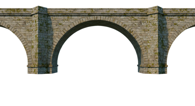 Ancient stone bridge with three arches, showcasing detailed architecture and weathered textures.