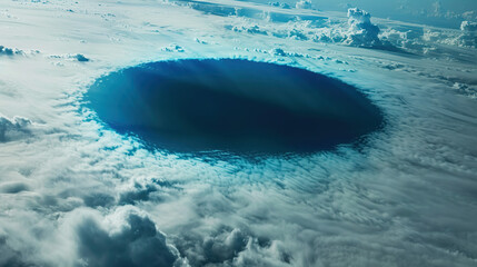 Aerial view of Earth's atmosphere with glowing blue ozone layer and dark gap symbolizing depletion, environmental protection and climate change awareness concept.