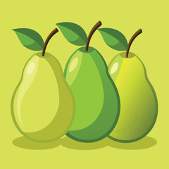 Flat design vector illustration of three pears, each in a slightly different position. Perfect for healthy food designs, kitchen prints, packaging, recipes, and fruit-themed branding.