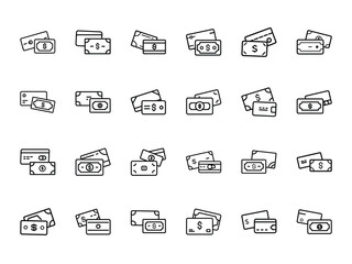 Bundle of Credit Card and Dollar Bill Icon Set in Minimalist Silhouette Style – 20 Unique Black Line Financial Icons on White Background for Fintech, Banking, E-commerce, and Payment Interfaces