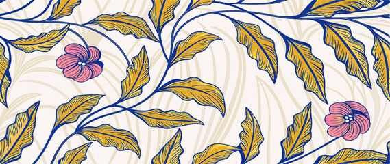 Seamless Pattern: Gold Leaves and Pink Flowers on Cream Background