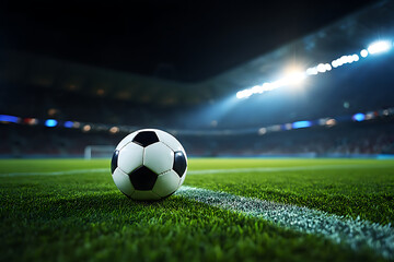 Soccer Ball on Stadium Field: Night Game, Dramatic Lighting, Close-Up