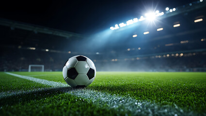 Night Soccer Game: Dramatic Close-Up of Soccer Ball on Field, Stadium Lights
