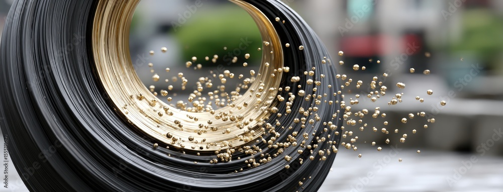 Aufkleber sculpture features an abstract design representing wind and fire, shimmering with gold particles on 