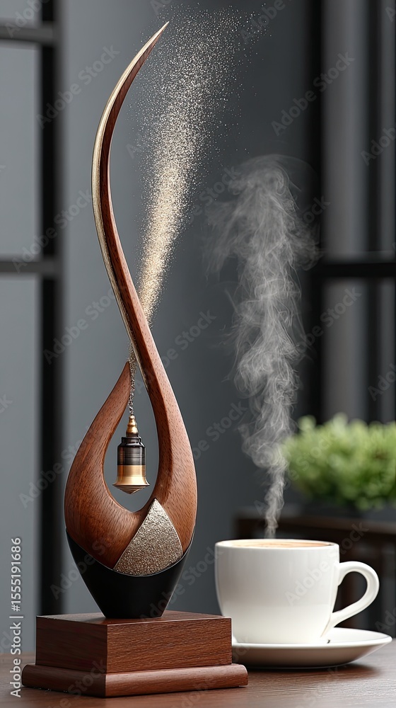 Poster sculpture features an abstract design representing wind and fire, shimmering with gold particles on 