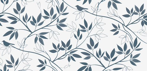 Seamless Teal Leaf & Bird Pattern Wallpaper