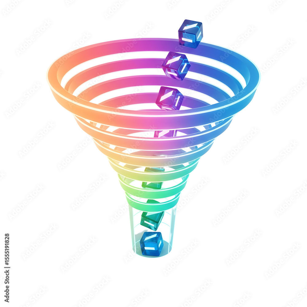 Poster abstract colorful funnel with cubes falling inside and transparent background