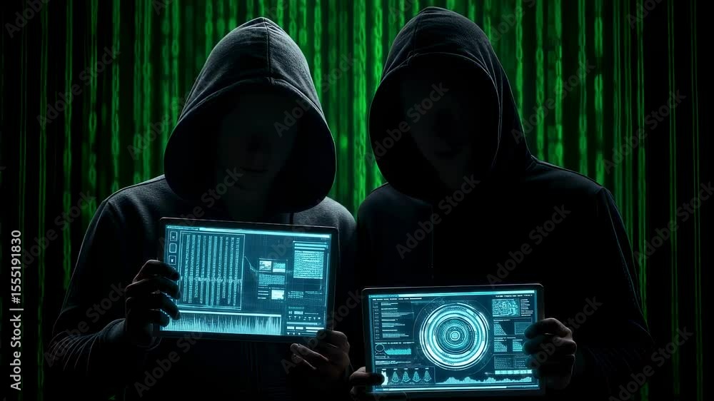 Poster two anonymous hackers in hooded sweatshirts reveal glowing digital screens with data and interface v