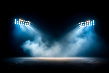 Dramatic Stage Lighting: Blue Spotlight Beams, Smoky Atmosphere, Dark Concrete Floor.