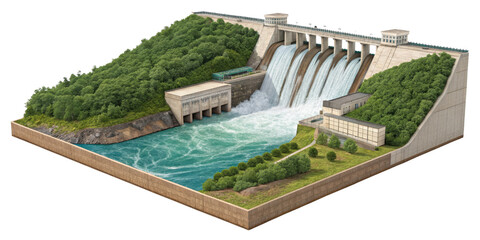 Isometric Hydroelectric Dam, Green Energy, Isolated on Transparent Background, 3D Render, Hydropower, Renewable Energy, Dam
