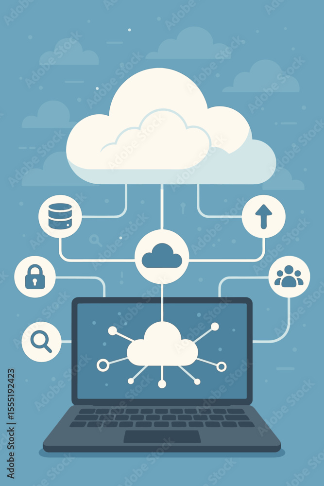 Poster global cloud computing network concept with laptop screen. data management, online storage, cybersec